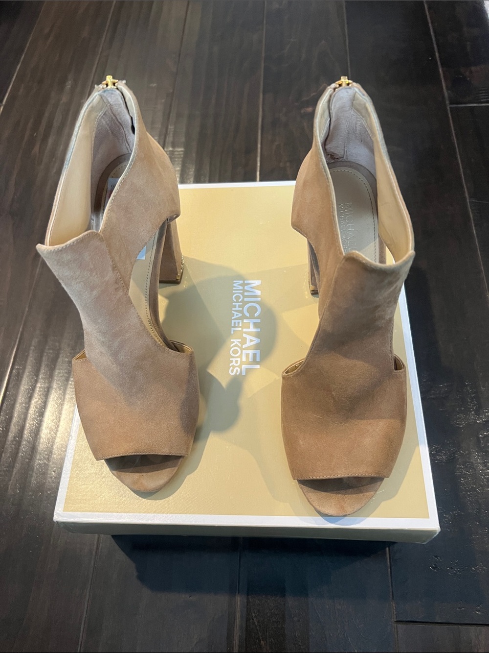Michael Kors Tan Suede Peep-Toe Block Heel Booties